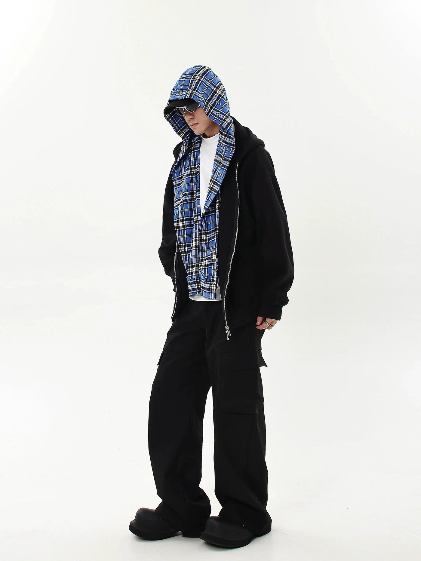 Plaid Layered Zip-Up Hoodie Korean Street Fashion Hoodie By Blacklists Shop Online at OH Vault