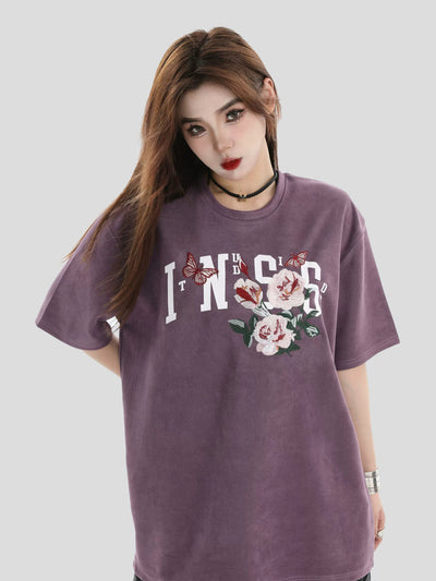 Stitched Flowers and Roses T-Shirt Korean Street Fashion T-Shirt By INS Korea Shop Online at OH Vault