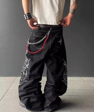 Stitched Fire Outline Grunge Jeans Korean Street Fashion Jeans By Dark Fog Shop Online at OH Vault