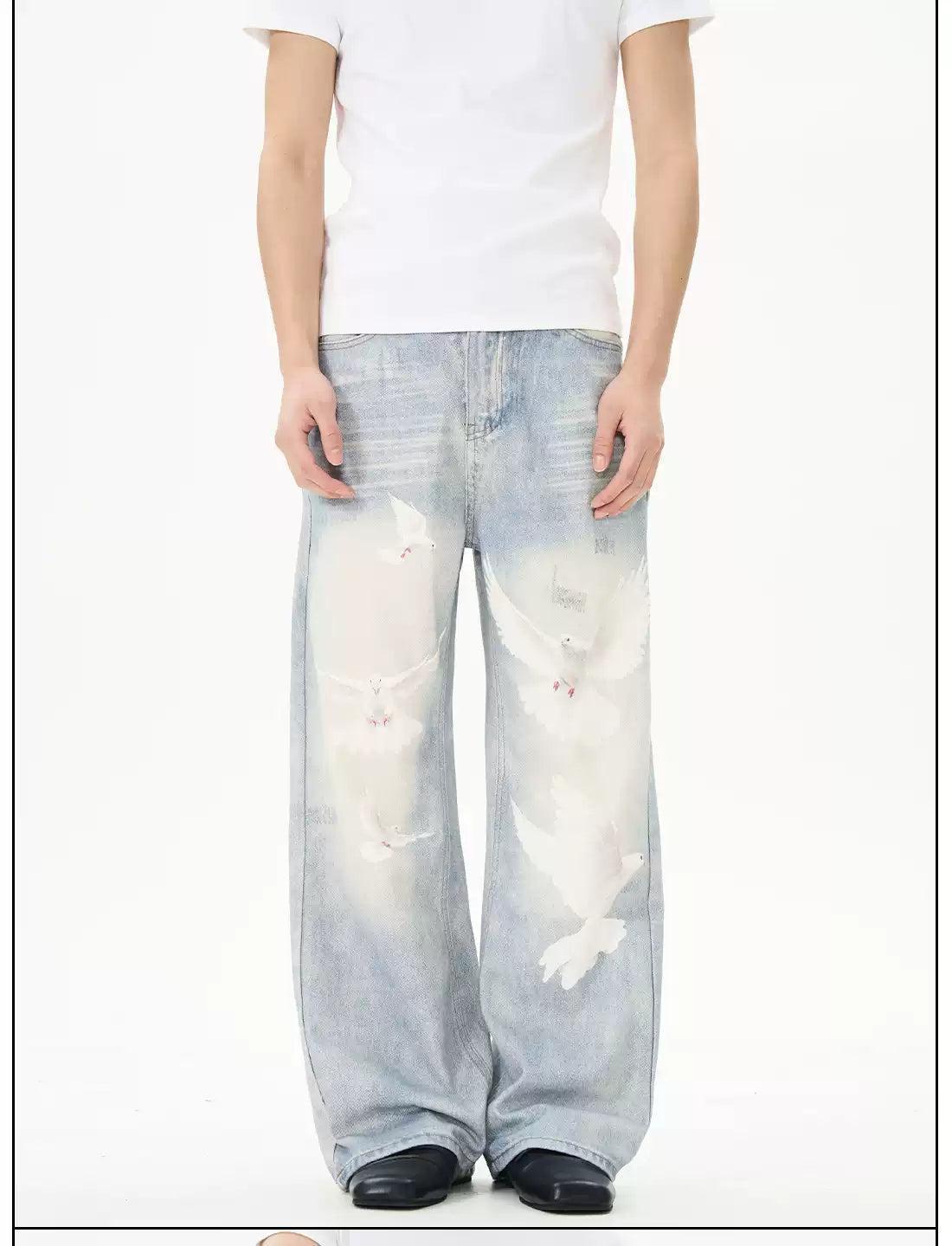 Washed Dove Graphic Jeans Korean Street Fashion Jeans By 77Flight Shop Online at OH Vault