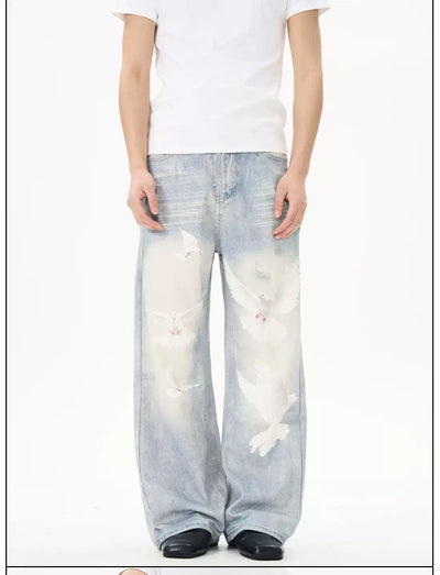 Washed Dove Graphic Jeans Korean Street Fashion Jeans By 77Flight Shop Online at OH Vault