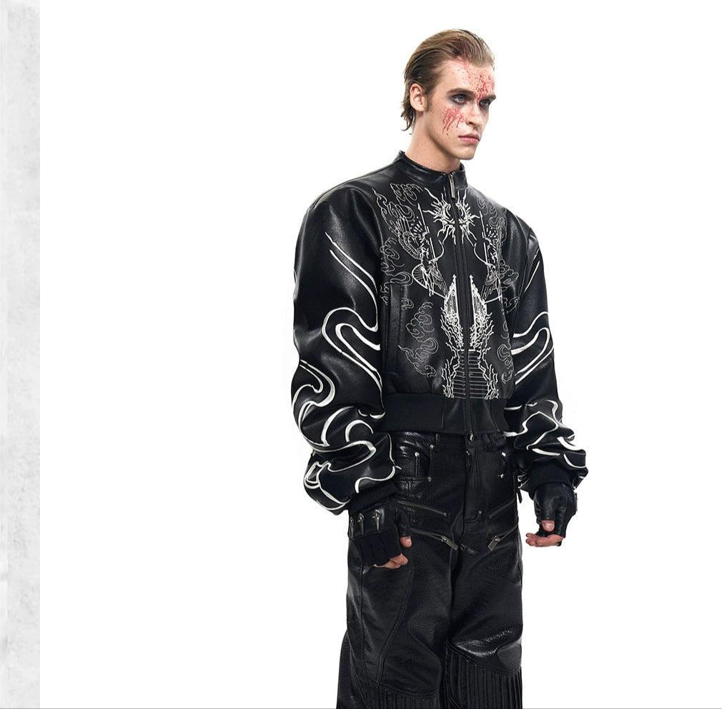 Artwork Stitch PU Leather Jacket Korean Street Fashion Jacket By Slim Black Shop Online at OH Vault
