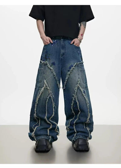 Sequin Embroidered Raw Seam Wide Jeans Korean Street Fashion Jeans By Argue Culture Shop Online at OH Vault