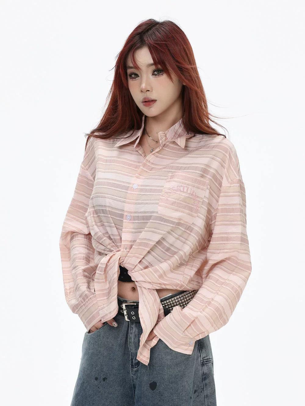 Striped Textured Thin L/S Shirt Korean Street Fashion Shirt By INS Korea Shop Online at OH Vault