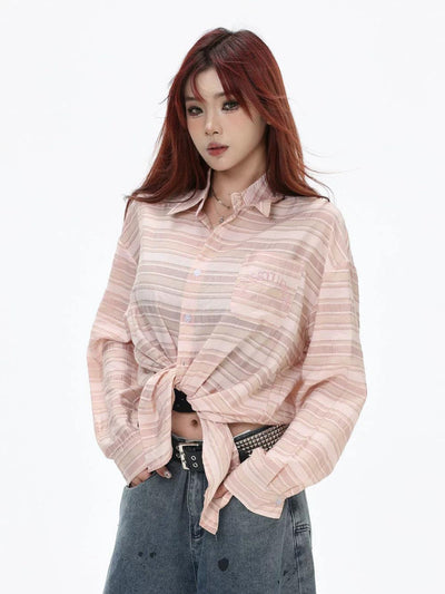 Striped Textured Thin L/S Shirt Korean Street Fashion Shirt By INS Korea Shop Online at OH Vault