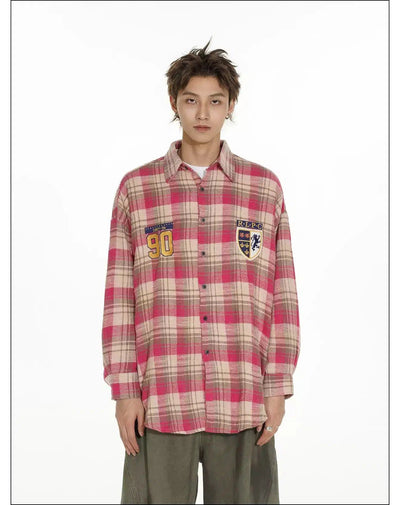 Plaid Badge Embroidered Shirt Korean Street Fashion Shirt By Mr Nearly Shop Online at OH Vault