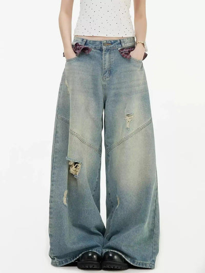 Plaid Fabric Pockets Distressed Jeans Korean Street Fashion Jeans By INS Korea Shop Online at OH Vault