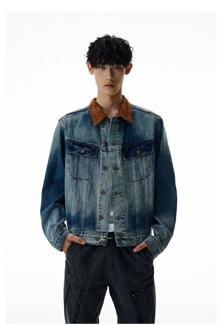 Contrast Collar Faded Denim Jacket Korean Street Fashion Jacket By A PUEE Shop Online at OH Vault