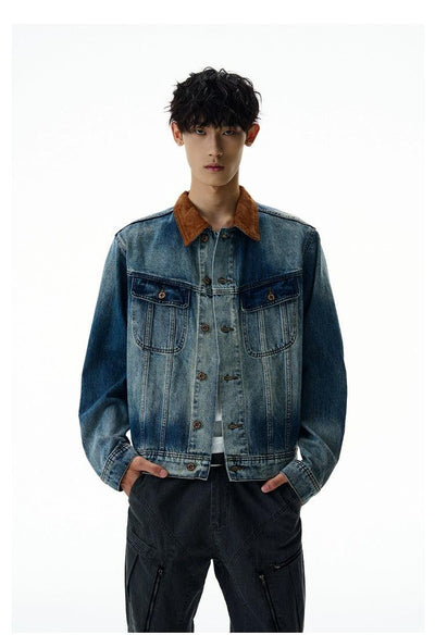 Contrast Collar Faded Denim Jacket Korean Street Fashion Jacket By A PUEE Shop Online at OH Vault