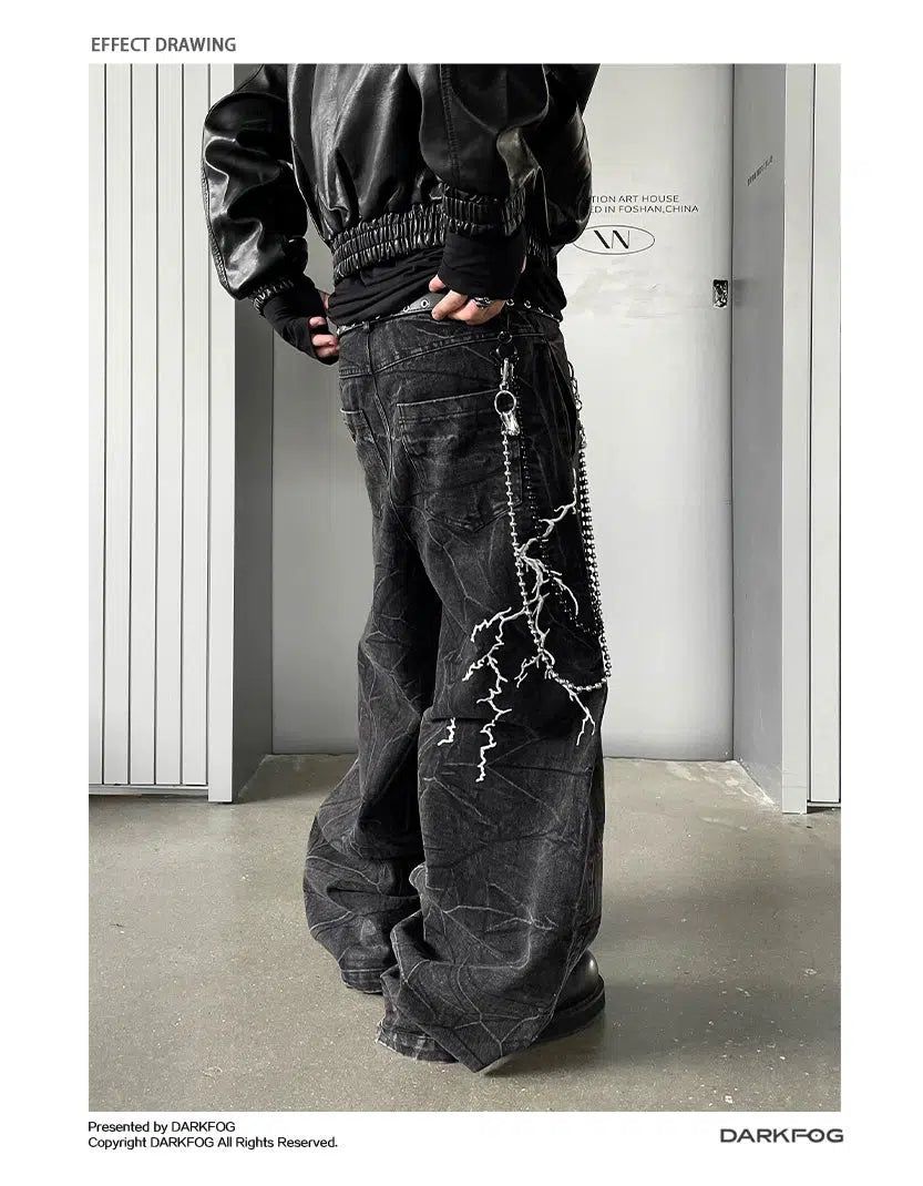 Lighning Embroidery Loose Jeans Korean Street Fashion Jeans By Dark Fog Shop Online at OH Vault