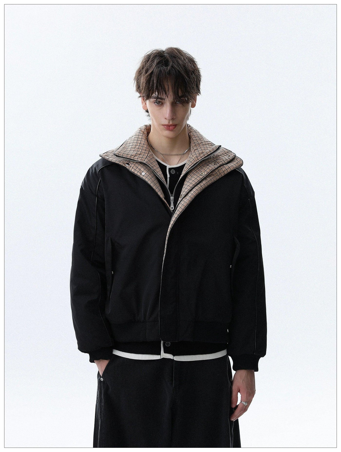 Checker Spliced Bomber Jacket Korean Street Fashion Jacket By Mr Nearly Shop Online at OH Vault