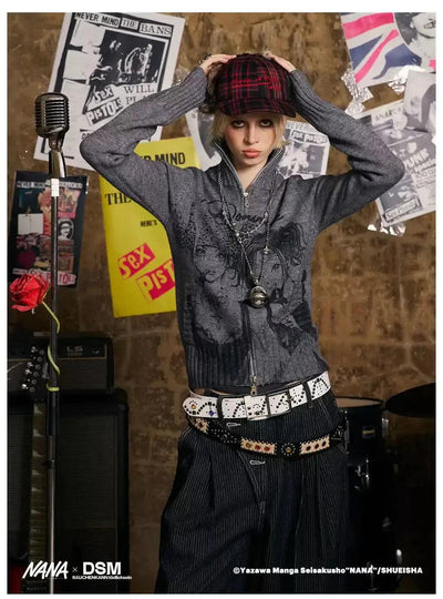 Stand Collar Graphic Print Zipped Sweater Korean Street Fashion Sweater By Donsmoke Shop Online at OH Vault