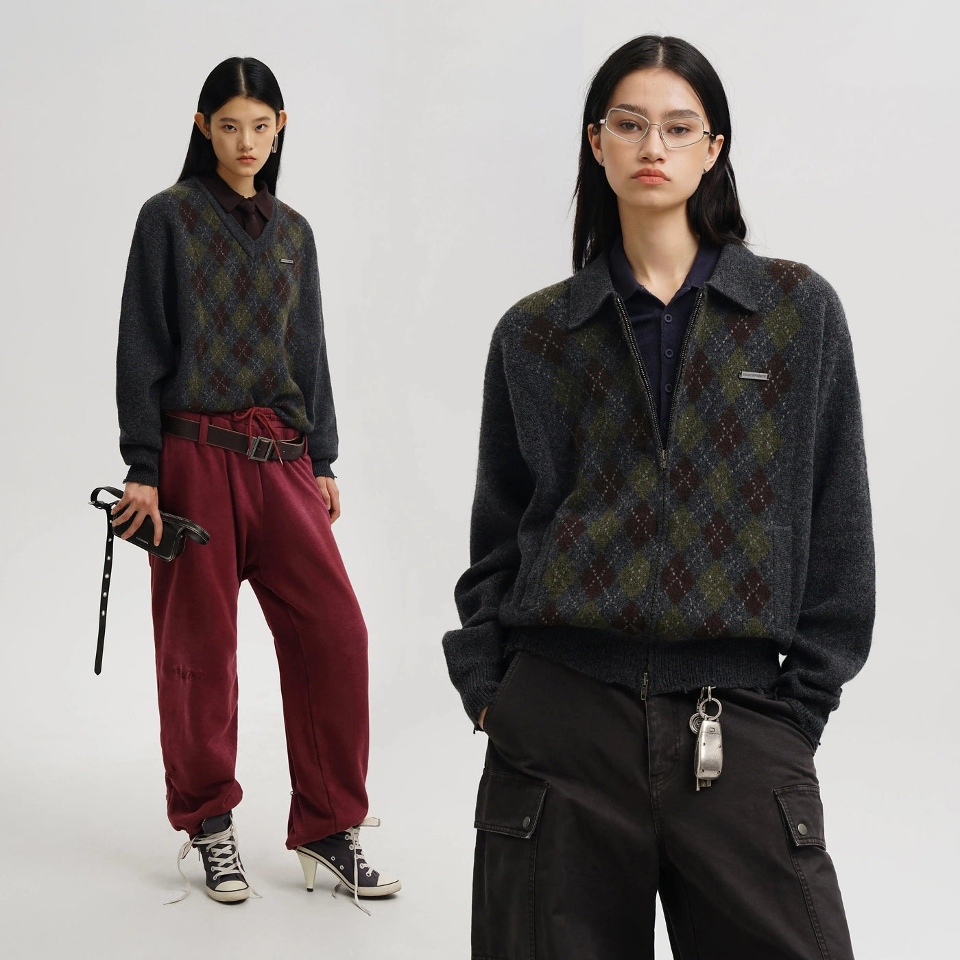 Argyle Double Zipped/V-Neck Sweater Korean Street Fashion Sweater By Mason Prince Shop Online at OH Vault