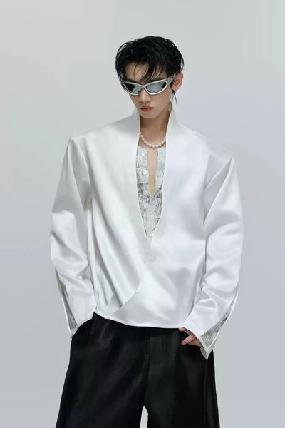 Lace Layered Deep V-Neck Silky Shirt Korean Street Fashion Shirt By Argue Culture Shop Online at OH Vault