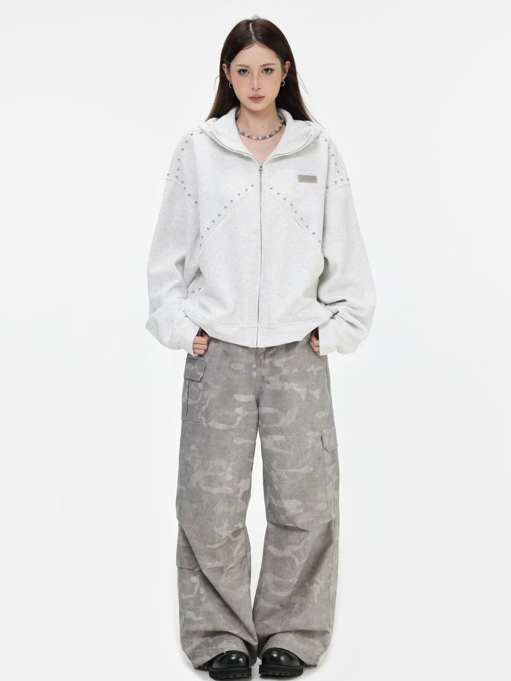 Rivet Embellished Zip-Up Hoodie Korean Street Fashion Hoodie By INS Korea Shop Online at OH Vault