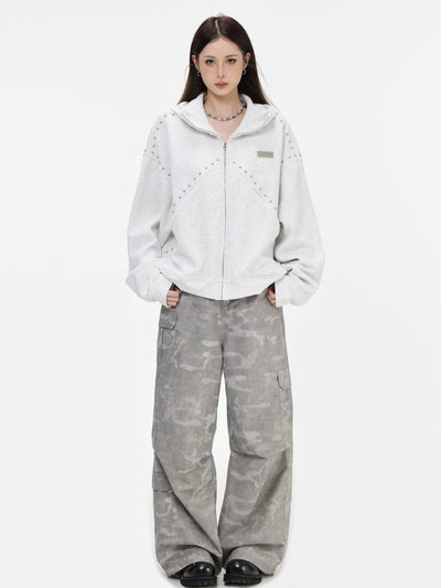 Rivet Embellished Zip-Up Hoodie Korean Street Fashion Hoodie By INS Korea Shop Online at OH Vault
