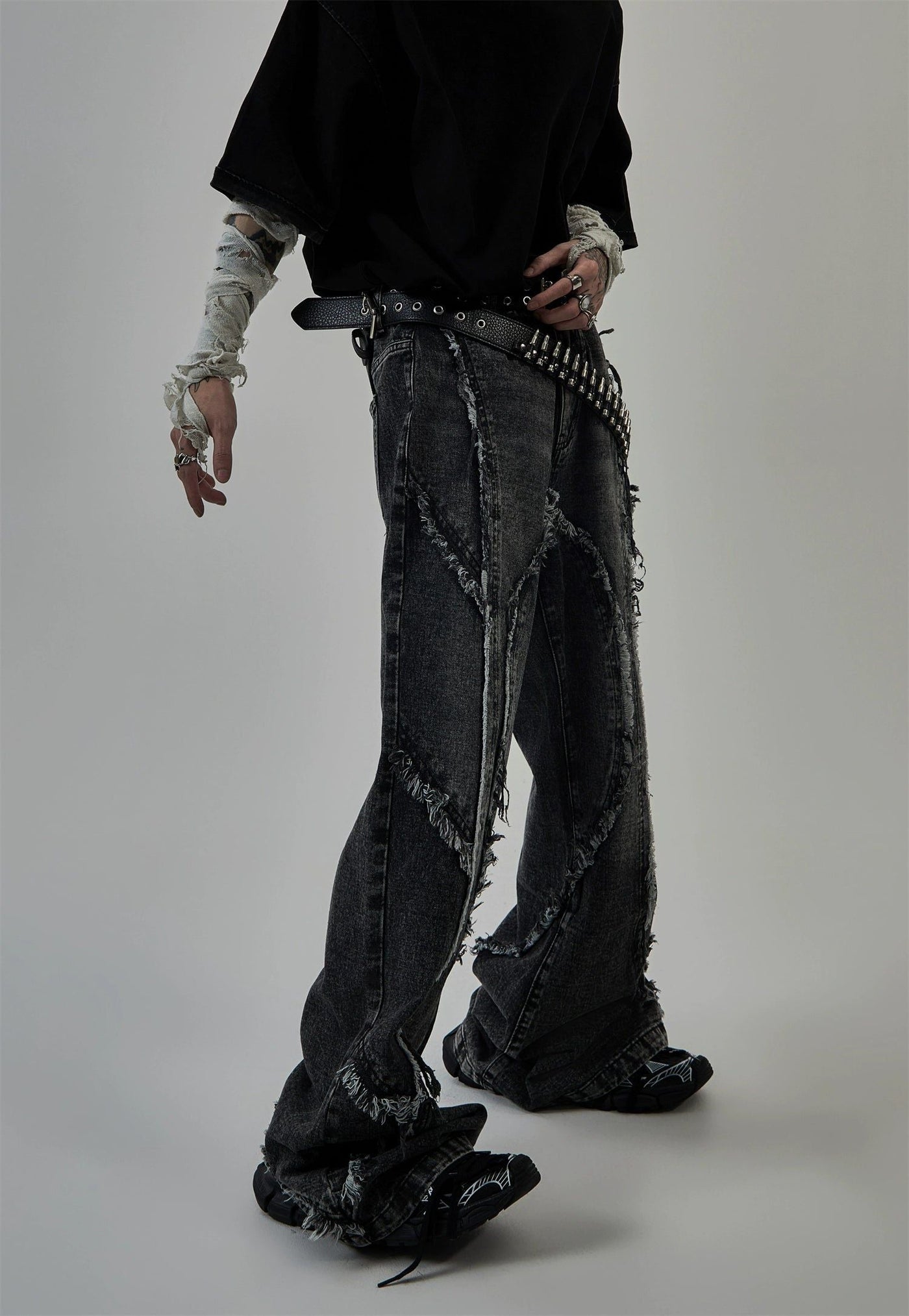 Stitched Raw Edge Flared Jeans Korean Street Fashion Jeans By Ash Dark Shop Online at OH Vault