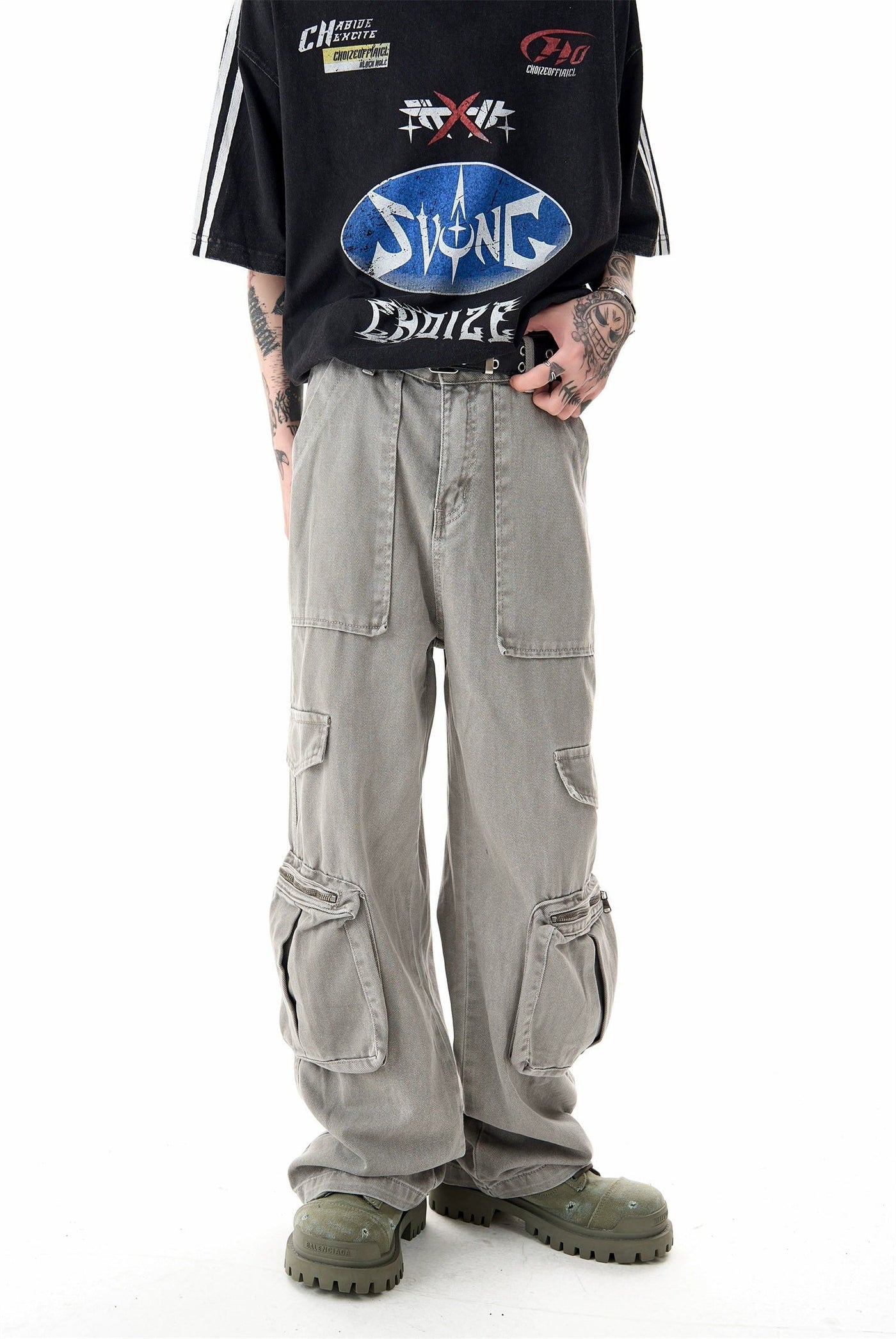 Heavy Wide Zipped Cargo Jeans Korean Street Fashion Jeans By Ash Dark Shop Online at OH Vault