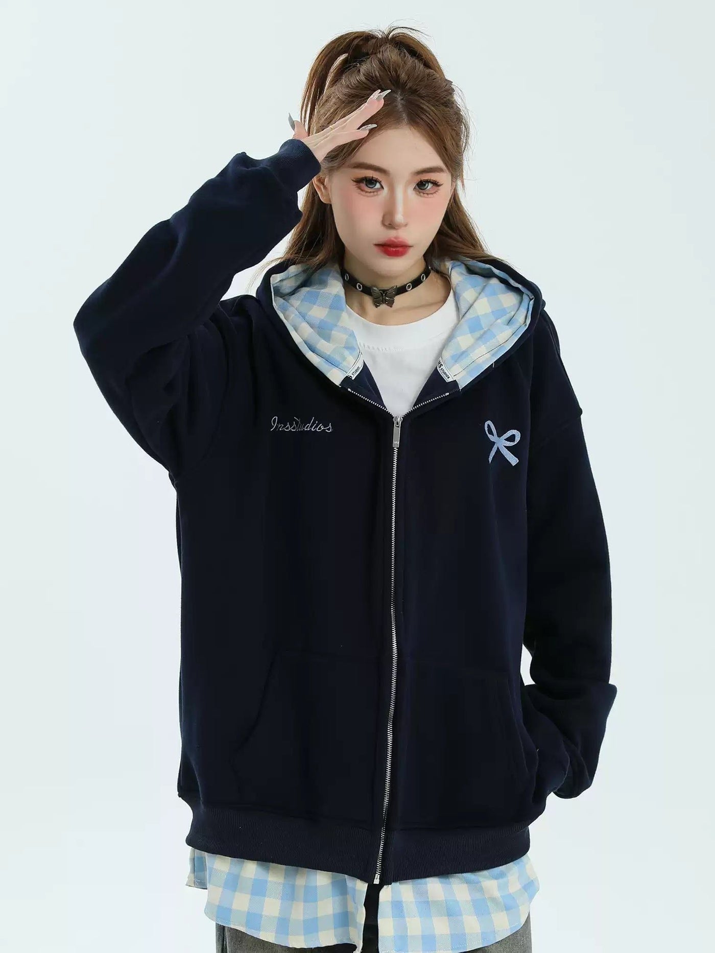 Plaid Layer Zipped Hoodie Korean Street Fashion Hoodie By INS Korea Shop Online at OH Vault