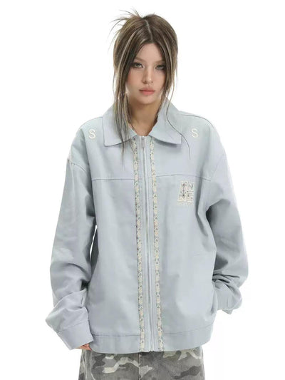 Embroidered Ribbon Zipped Jacket Korean Street Fashion Jacket By INS Korea Shop Online at OH Vault