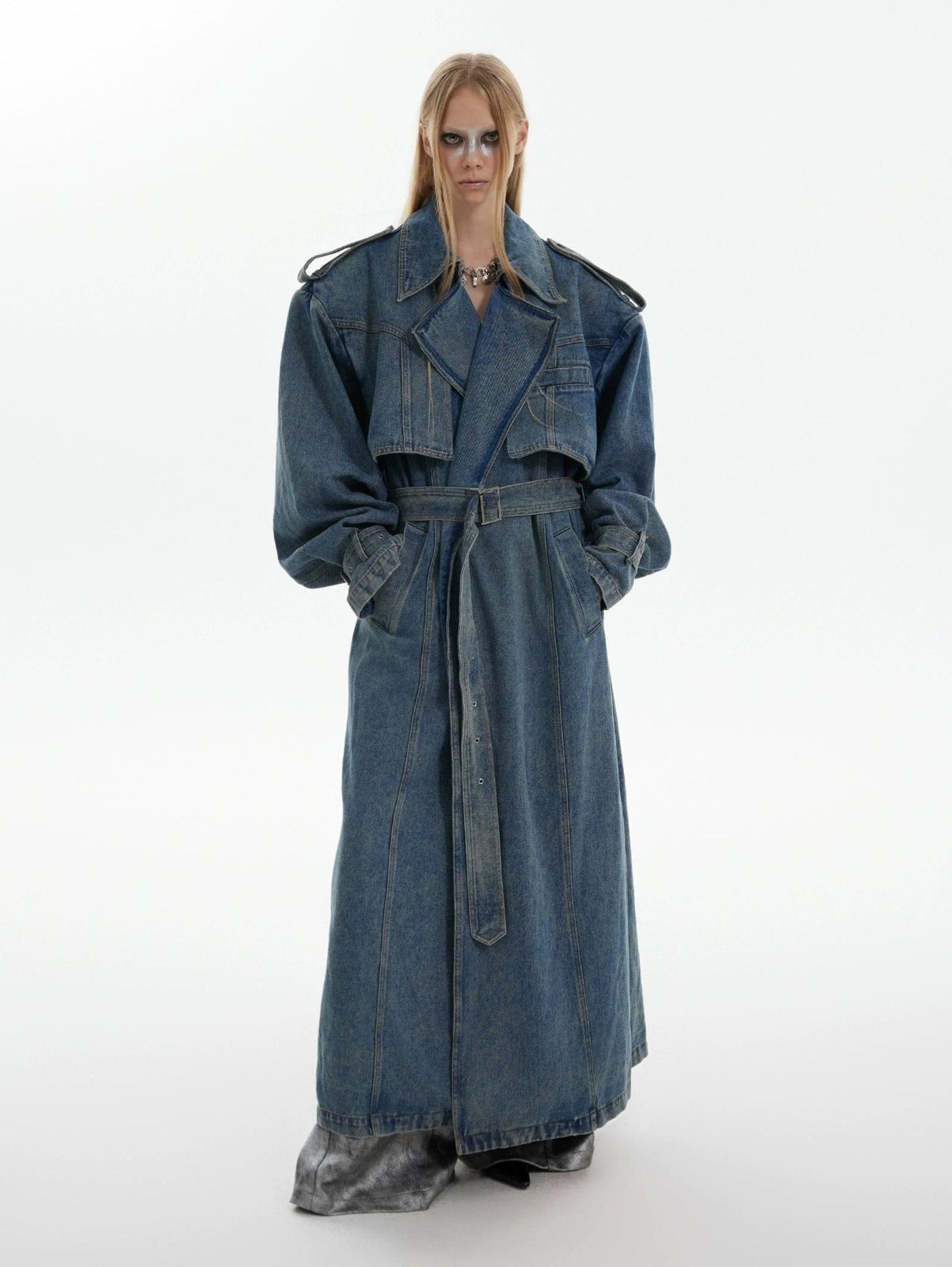 Structured & Washed Denim Trench Coat