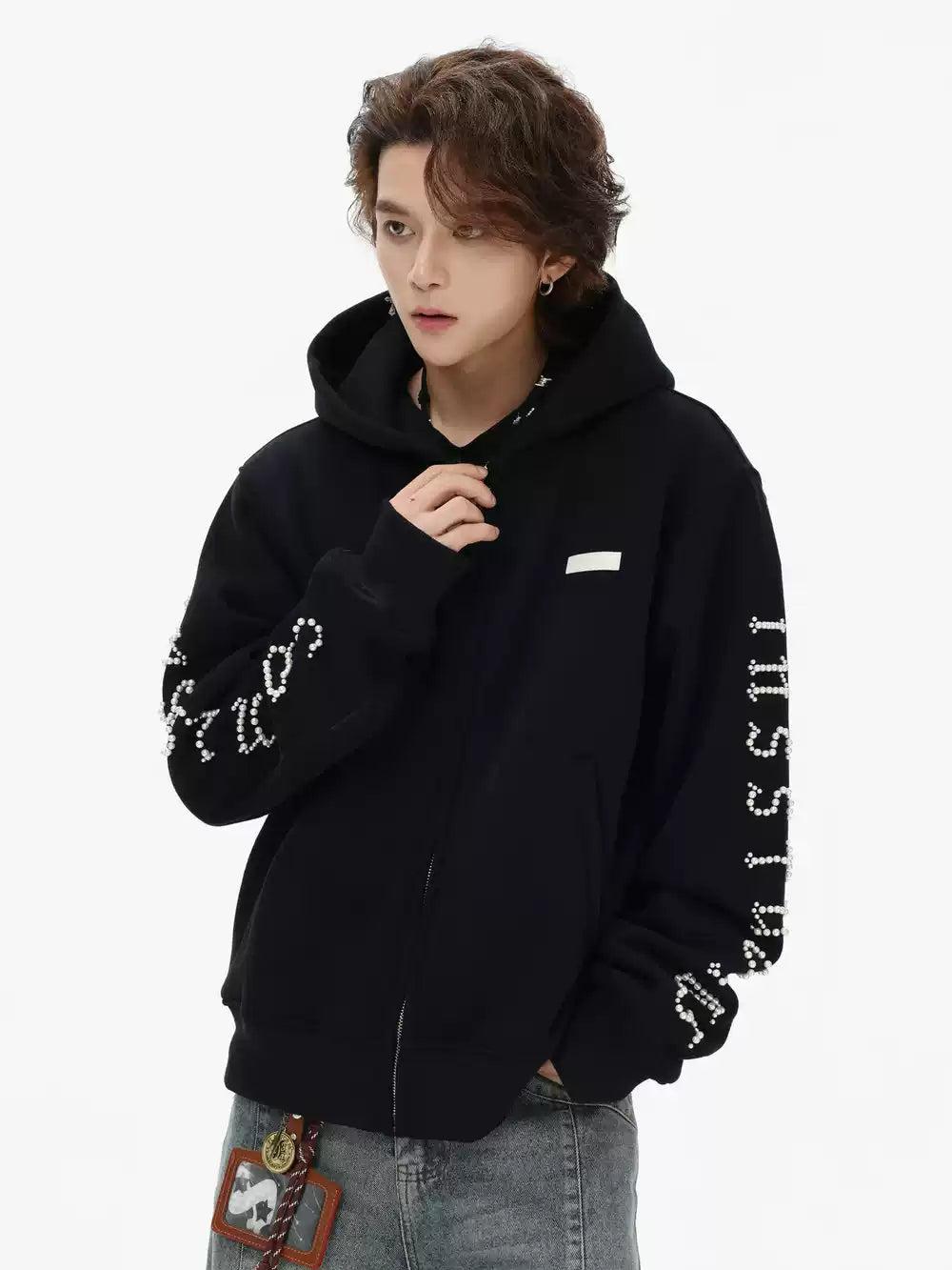 Pearled Logo Zip-Up Hoodie Korean Street Fashion Hoodie By INS Korea Shop Online at OH Vault