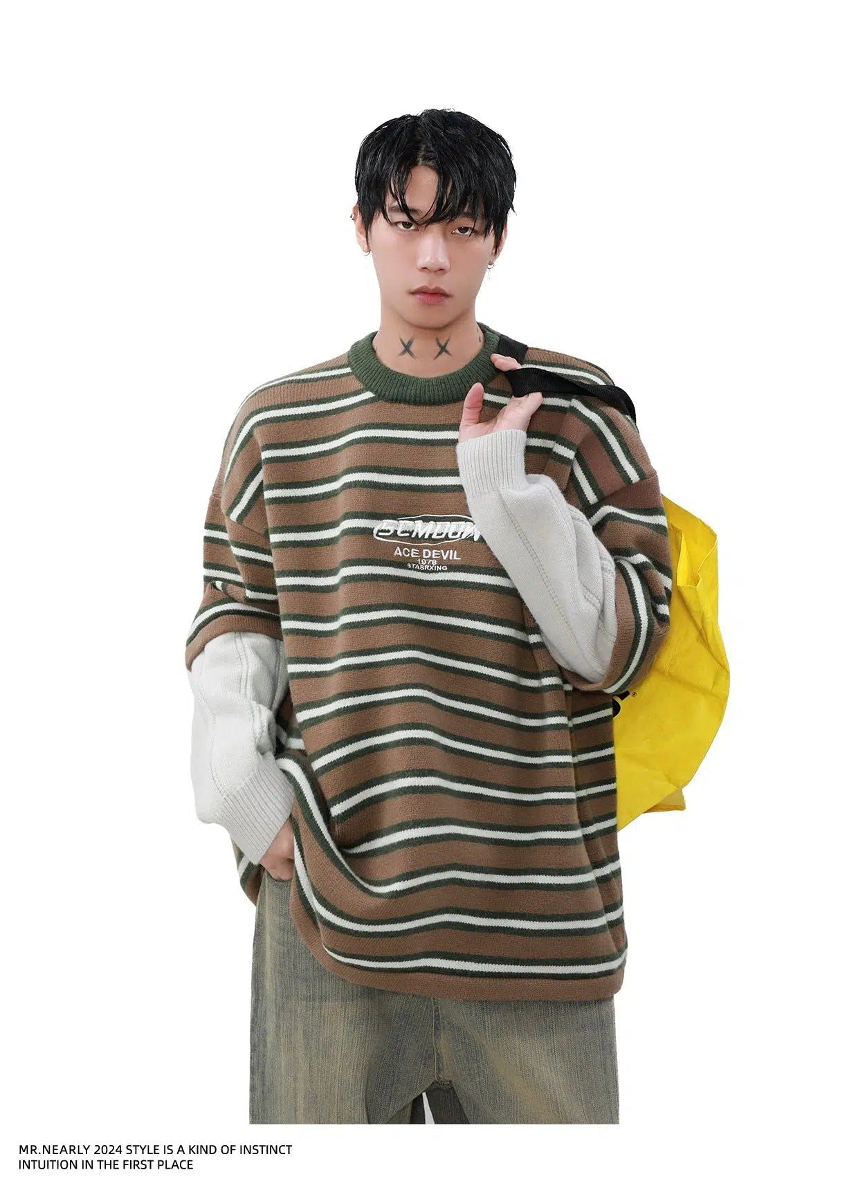 Two-Piece Logo Stripes Long Sleeve T-Shirt Korean Street Fashion T-Shirt By Mr Nearly Shop Online at OH Vault