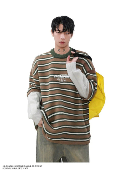 Two-Piece Logo Stripes Long Sleeve T-Shirt Korean Street Fashion T-Shirt By Mr Nearly Shop Online at OH Vault