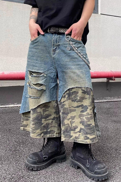 Camouflage Layer Ripped Denim Shorts Korean Street Fashion Shorts By Dark Fog Shop Online at OH Vault