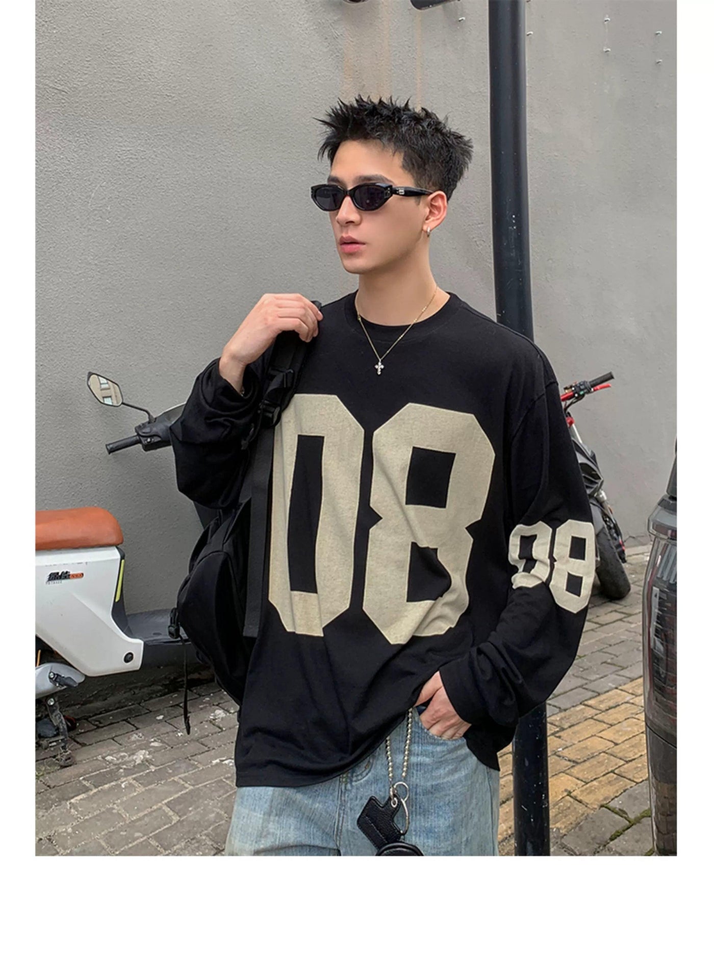 Number 08 Print Long Sleeve T-Shirt Korean Street Fashion T-Shirt By Poikilotherm Shop Online at OH Vault