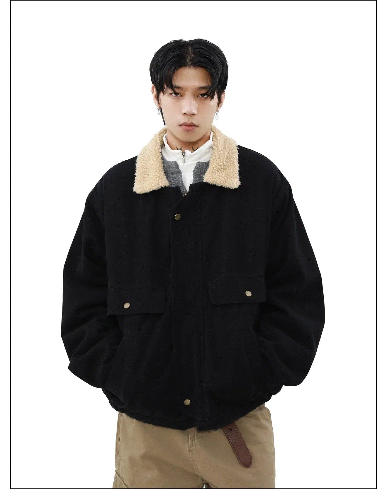 Zip & Button Fuzzy Lapel Jacket Korean Street Fashion Jacket By Mr Nearly Shop Online at OH Vault