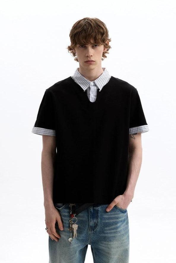 Layered Striped Collar T-Shirt Korean Street Fashion T-Shirt By A PUEE Shop Online at OH Vault