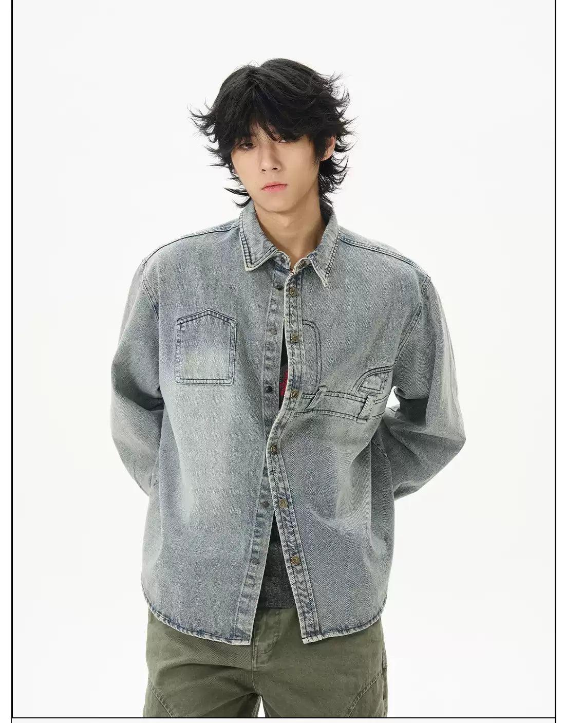 Washed Irregular Cutting Denim Shirt Korean Street Fashion Shirt By 77Flight Shop Online at OH Vault