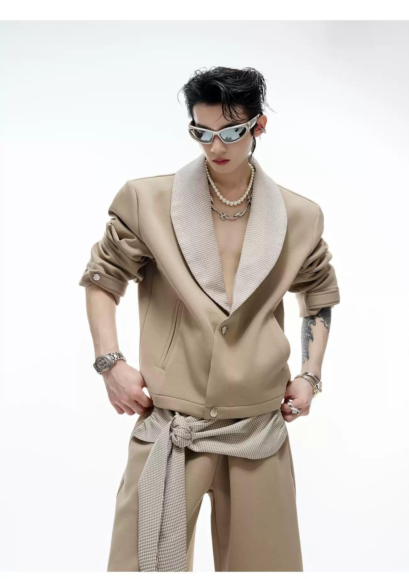 Spliced Houndstooth V-Neck Blazer& Lace-Up Drape Pants Set Korean Street Fashion Clothing Set By Argue Culture Shop Online at OH Vault
