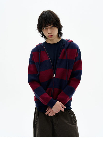 Wide Striped Zip-Up Knit Hoodie Korean Street Fashion Hoodie By 77Flight Shop Online at OH Vault
