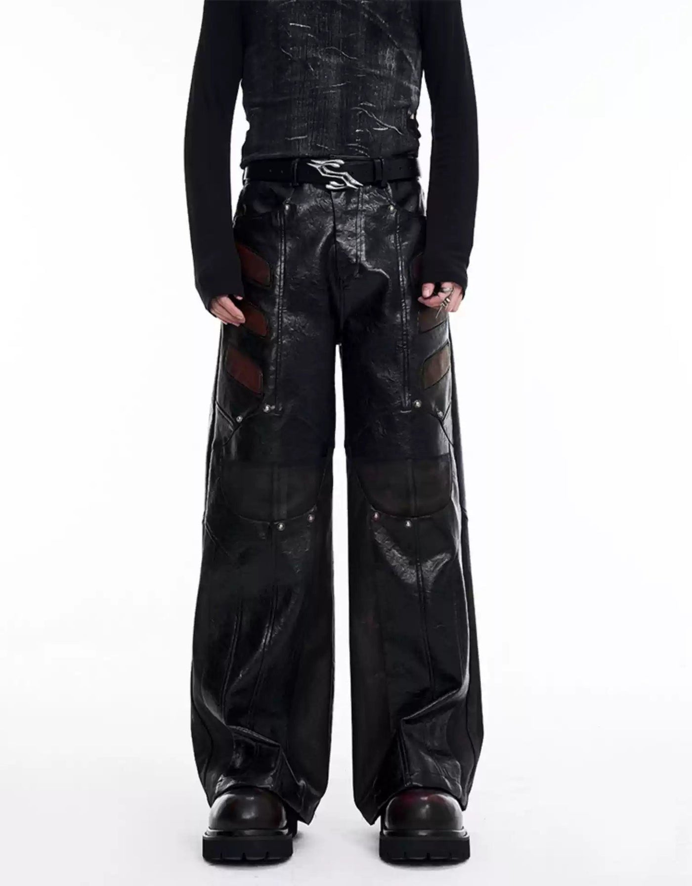 Motosport Contrast Spliced PU Leather Pants Korean Street Fashion Pants By Slim Black Shop Online at OH Vault