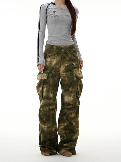 Pleated Dyed Camo Cargo Pants Korean Street Fashion Pants By 77Flight Shop Online at OH Vault