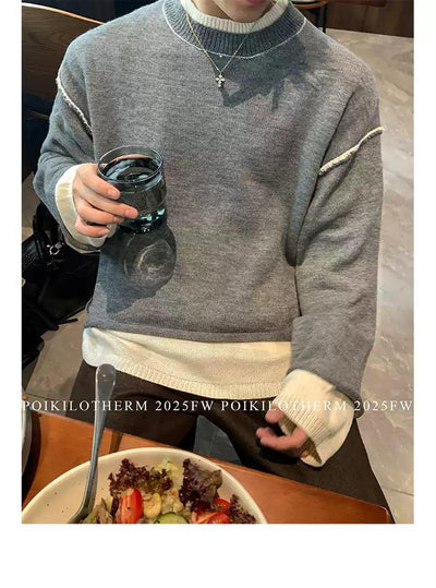 Spliced Contrast Relax Fit Sweater Korean Street Fashion Sweater By Poikilotherm Shop Online at OH Vault