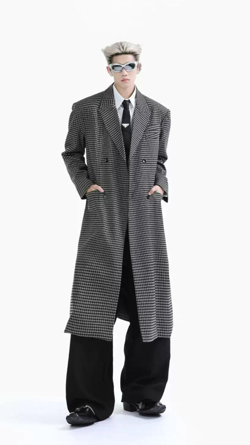 Plaid Peak Lapel Long Coat Korean Street Fashion Long Coat By Turn Tide Shop Online at OH Vault