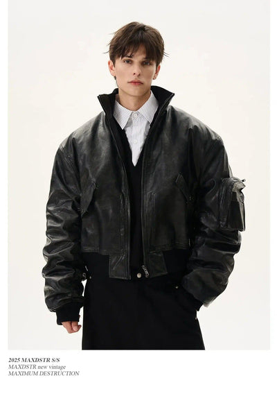 Stand Collar PU Leather Bomber Jacket Korean Street Fashion Jacket By MaxDstr Shop Online at OH Vault