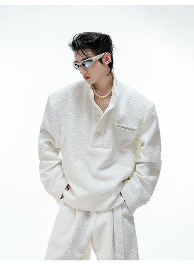 Tweed Textured Pearl Half Buttoned & Wide Leg Pants Set Korean Street Fashion Clothing Set By Argue Culture Shop Online at OH Vault