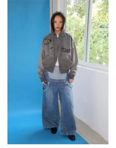 Rhinestoned Drawings Dual-End Zipped Hoodie Korean Street Fashion Hoodie By Funky Fun Shop Online at OH Vault