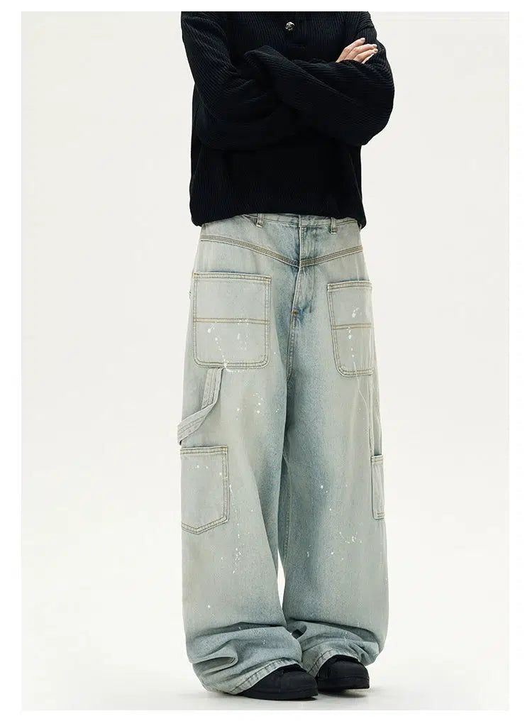 Faded Ink-Splashed Cargo Jeans Korean Street Fashion Jeans By A PUEE Shop Online at OH Vault