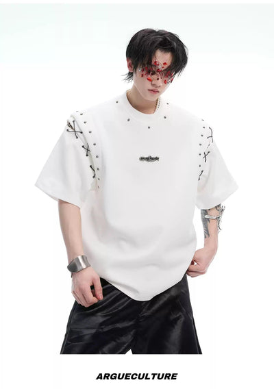 Spliced & Beaded Sleeve T-Shirt Korean Street Fashion T-Shirt By Argue Culture Shop Online at OH Vault