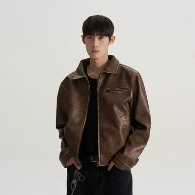 Smudged Lines Boxy Faux Leather Jacket Korean Street Fashion Jacket By A PUEE Shop Online at OH Vault