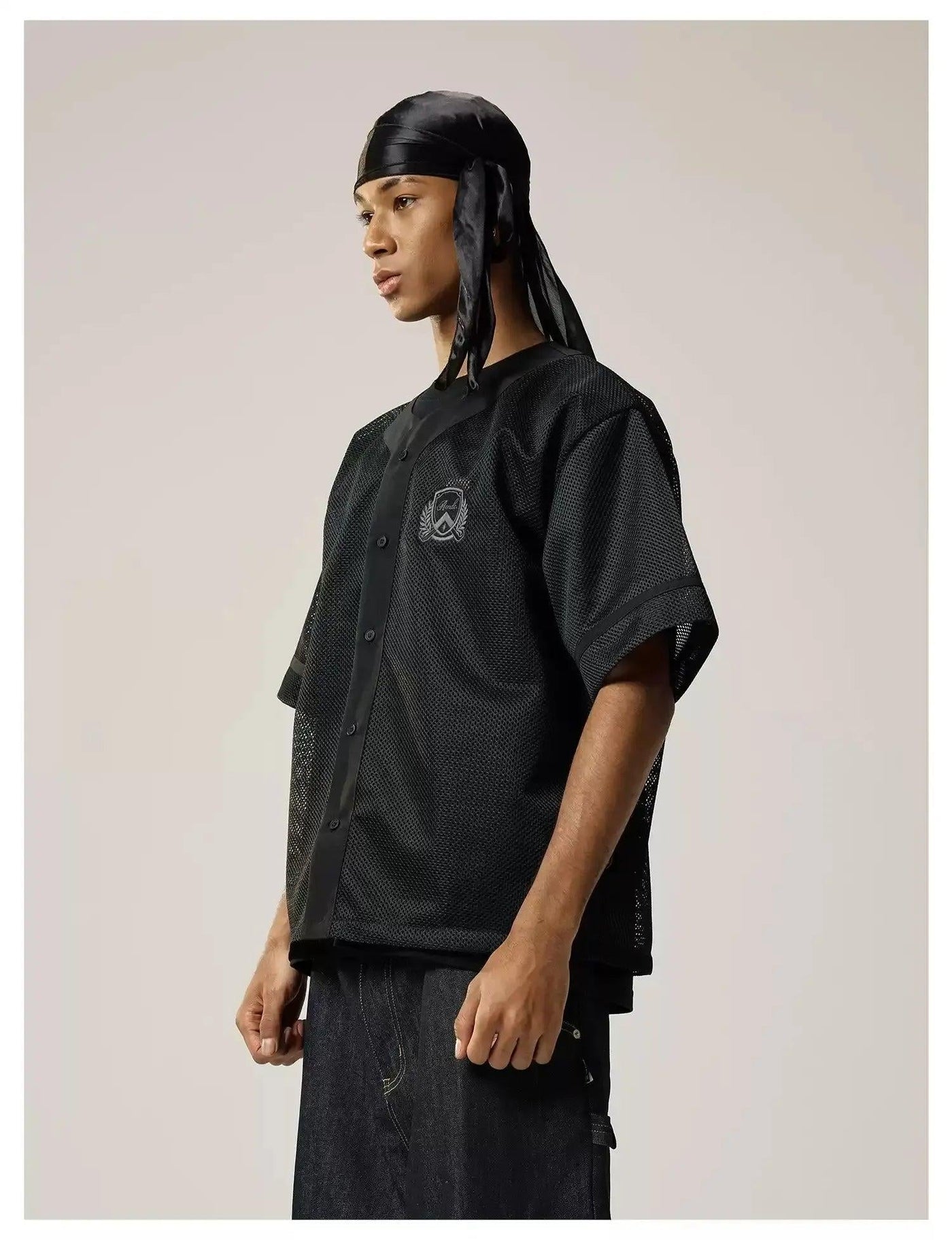 Embroidered Mesh Collarless Shirt Korean Street Fashion Shirt By Remedy Shop Online at OH Vault