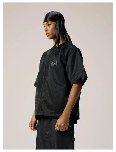 Embroidered Mesh Collarless Shirt Korean Street Fashion Shirt By Remedy Shop Online at OH Vault