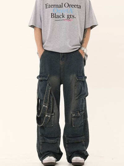 Asymmetric Strap Washed Cargo Jeans Korean Street Fashion Jeans By Blacklists Shop Online at OH Vault