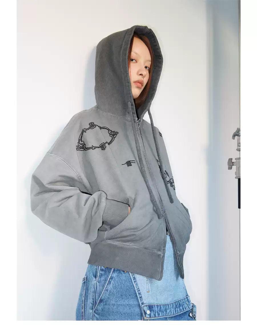 Rhinestoned Drawings Dual-End Zipped Hoodie Korean Street Fashion Hoodie By Funky Fun Shop Online at OH Vault