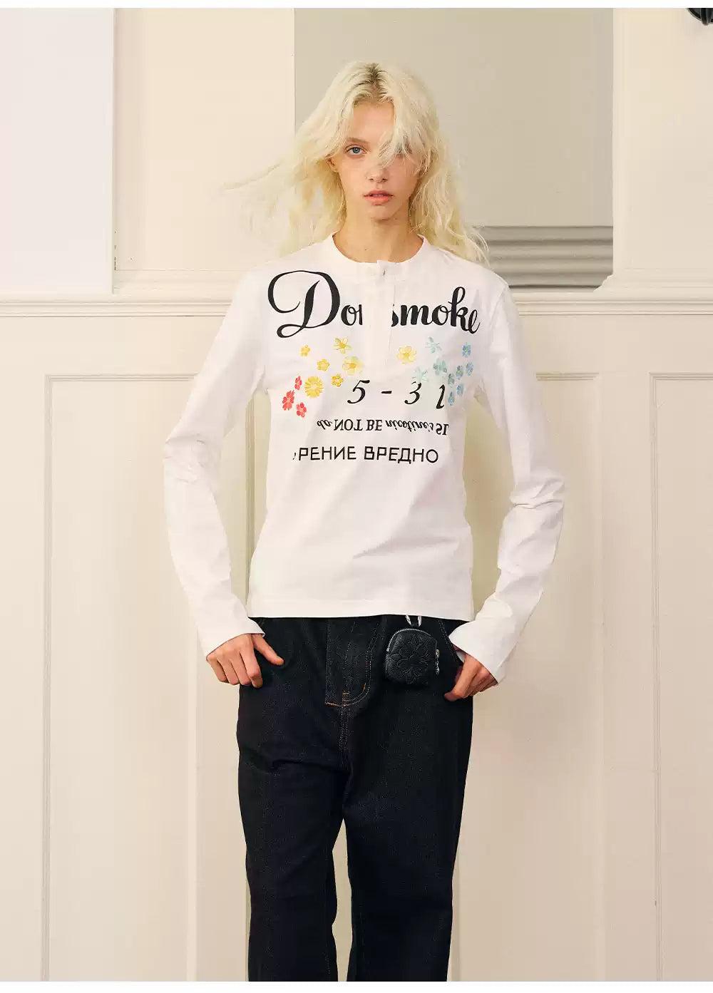 Graphic Print Henley Long Sleeve T-Shirt Korean Street Fashion T-Shirt By Donsmoke Shop Online at OH Vault